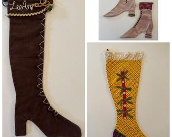 Choice of 1 Vintage Handmade Victorian Boot Christmas Stocking Choice High Button Shoe Velvet Lace Primitive Holiday Decor