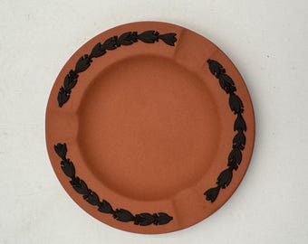Vintage Wedgwood Terracotta Jasperware Pin Dish 4.5 Inch Black Floral Relief Trinket Tray Made in England