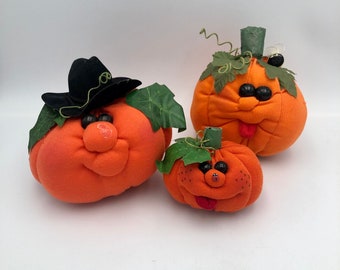 Juego vintage de 3 calabazas de peluche - Hechas por Sandy de Scottsdale - Caprichosas / Lindas / Divertidas - Años 80 y 90