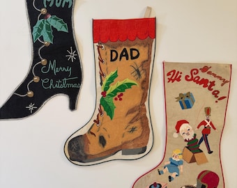 Vintage Set of 3 Hand Painted Christmas Stockings - Mom Dad Danny - Folk Art Family Holiday Decor