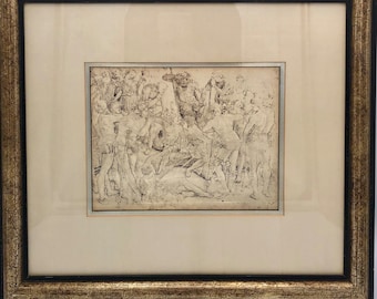 May include: A framed black and white etching of a group of nude figures in a classical setting. The figures are arranged in a dynamic composition, with some standing and others reclining. The etching is detailed and expressive, capturing the movement and emotion of the scene.