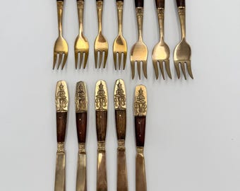 Vintage Buddha Flatware Set of 12 Pieces - Star House Siam - Includes Cocktail Forks, Relish Forks, Butter Knives - Made in Thailand MCM