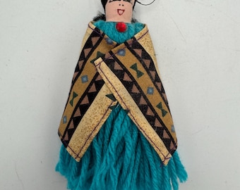 Southwestern Style Yarn Doll Ornament Turquoise Skirt Folk Art Fabric Wrap Hanging Decoration