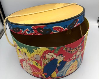 Vintage Hat Box - Masquerade Ball Marie Antionette - Primary Colors, Masks, Dancers, Musicians