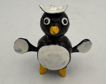 Vintage Wooden Penguin Figurine Bobble Arms Hand Painted Black White Yellow Miniature Bird Folk Art Decor