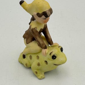 Vintage Bisque Pixie Riding Frog Figurine | Possibly Josef Originals #700 | Hand Painted Elf Fairy Miniature | 3" Whimsical Collectible