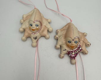 Vintage Set of 2 Harlequin Clown Ornaments - Porcelain - Hand Painted and Embellished with Crystals - Soft Pink - Signed by Artist 1992