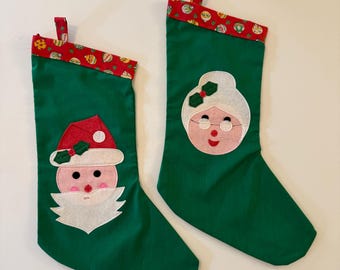 Vintage Set of 2 Handmade Mr & Mrs Claus Christmas Stockings - Felt Applique Santa 21 Inch
