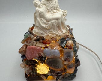 Vintage *RARE* La Pieta Night Light - Plastic Sculpture on Semi-Precious Stone Encrusted Base - 7" Tall