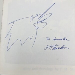 May include: A black and white illustration of a unicorn with a long horn. The illustration is signed "J.H.  Moschin" and includes the text "for Samantha".