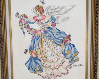 Vintage COMPLETED Crewel Embroidery Art Needlepoint - Summer's Angel - Dimensions - Framed 22-1/2" x 18" - 1990s