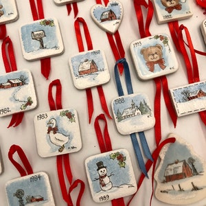 Vintage BEAUTIFUL Set of 24 Mini Hand Painted Christmas Tree Ornaments - Ceramic Tiles - by Kansas Artist Ruby Tobey