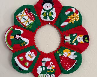 Vintage 1980s Stuffed Fabric Christmas Wreath Santa Snowman Angel Toy Soldier Handmade Holiday Wall Decor