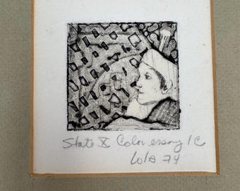Vintage Minimalist Artwork - Pen and Ink Drawing - Signed by Artist Lola 74 - Titled State X Color Essay 1C - 2" x 2" Art / 8" x 10-1/2" Mat