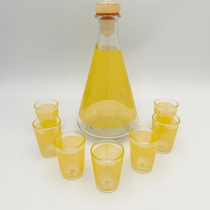 Juego de licores vintage BVB: decantador de vidrio y 7 vasos de licor, diseño de panal amarillo, MCM, fabricado en Francia, procedente de Vide Greniers