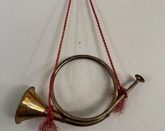 Vintage Brass French Horn Wall Hanging Red Cord Tassels 1970s 80s Christmas Musical Instrument Decor
