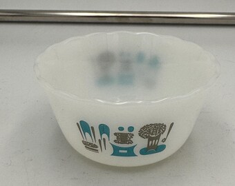 Vintage Fire King Blue Heaven Custard Cup Milk Glass Bowl Atomic MCM Turquoise Gray Anchor Hocking