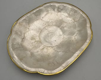 Vintage Capiz Shell Trinket Tray Pearl White Iridescent Scalloped Dish Gold Tone Rim Coastal Vanity Decor