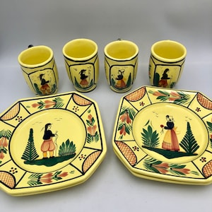 May include: Set of four yellow ceramic mugs with painted scenes and two yellow ceramic plates with painted scenes. The mugs and plates feature a yellow background with green, brown, and red accents.