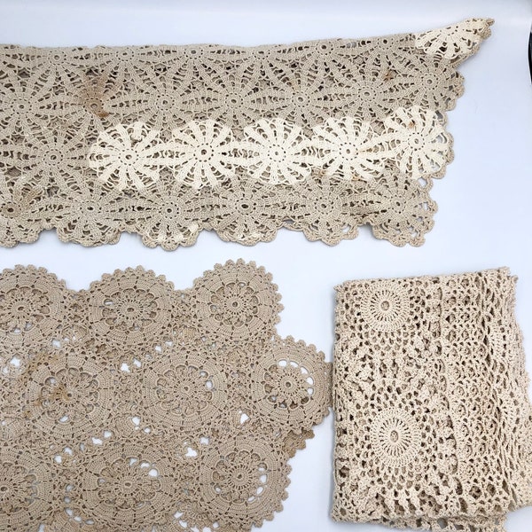 Vintage Set of 3 Table Runners Doilies Crochet Rectangle Design Ecru Table Topper Centerpiece Mantle Piano Sofa Table
