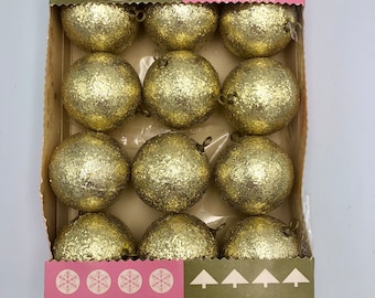 Vintage Set of 12 Gold Glitter Christmas Ornaments - Original Boxes - AMC Shimmering Non-Breakable Ornaments