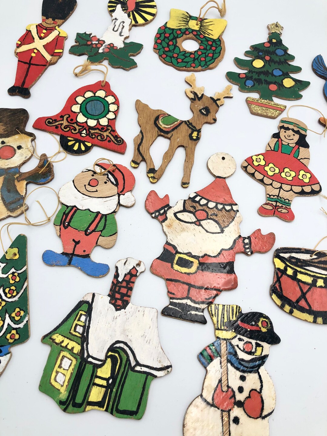 Vintage Lot of 15 Wooden Die Cut Christmas Ornaments Hand