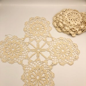 Vintage Set of 5 Doilies Crochet Square Design 14&quot; x 14&quot; Ecru Off-White Table Topper Centerpiece