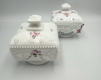 Vintage Choice of Westmoreland Candy Dish - Low Footed Milk Glass Covered Pedestal Dish - Hand Painted Flowers