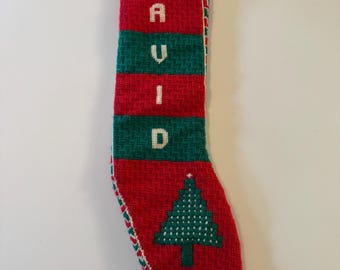 Vintage Handmade Needlepoint Christmas Stocking David Personalized Tree Red Green 21" Lined