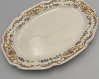 Bandeja ovalada floral vintage de 29 cm con borde festoneado, decorativa, de porcelana, con flores rosas y azules, estilo shabby chic.