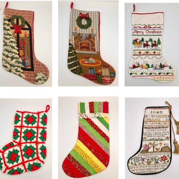 Vintage Choice of Christmas Stocking Handmade Crochet Patchwork Needlepoint Cross Stitch Sampler