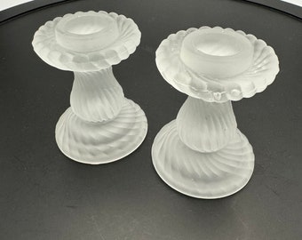 Vintage Pair of Carolina Designs White Satin Frosted Glass Taper Candle Holders - Ribbed Swirl Pattern