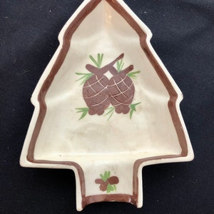 Vintage Pine Tree with Pine Cones Dish The California Cleminsons Potter Hand Painted Christmas Log Cabin Mid Century