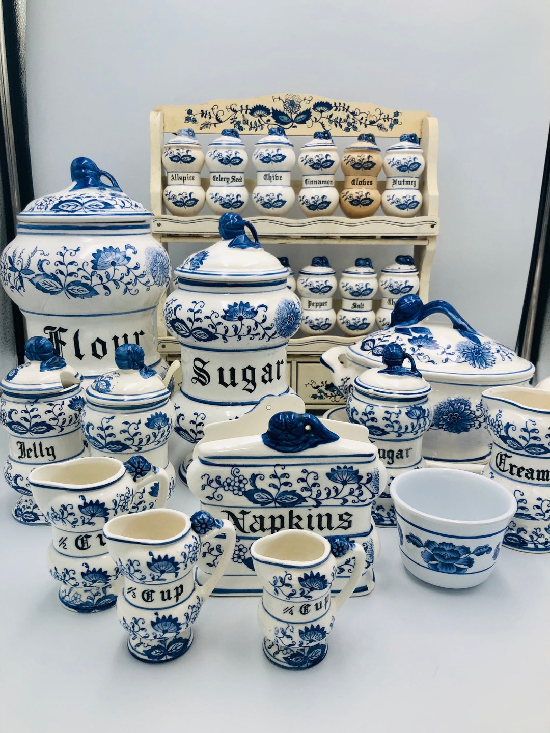 Vintage Choice of Arnart Blue Onion Pieces Spice Jars With Rack