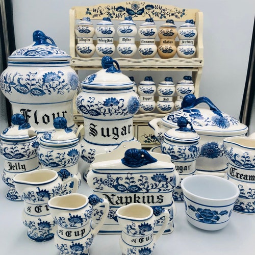 Vintage Choice of Arnart Blue Onion Pieces Spice Jars With Rack