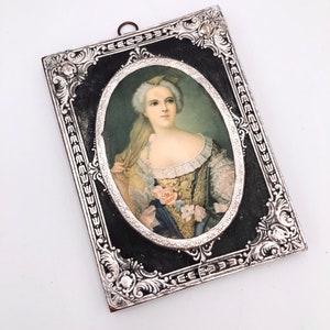 Vintage Tin Foil Embossed Metal Trimmed Portrait Cameo Art Lady Rococo Victorian Style Art on Wood Plaque 5-1/2&quot; x 4&quot;