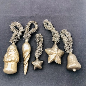 Antique Set of 5 Mercury Silvered Glass Ornaments with Vintage Tinsel Garland for Hangers Santa Stars Icicle Bell