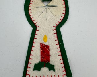 Vintage Handmade Felt Christmas Door Hanger Candle Jingle Bell Green Red Holiday Decor 1970s