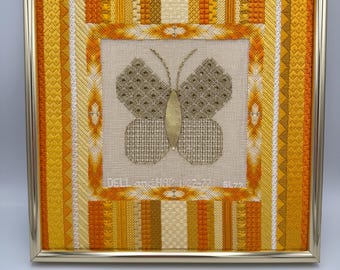 Vintage COMPLETED Framed Crewel Embroidery Art Needlepoint - Butterfly Sampler 13-1/2" x 13-1/2" - Anniversary Gift 1977