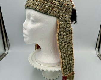 Vintage RARE Turkmen Tribal Headdress - Hand Made Hand Embroidered Ethnic Hat with Embossed Metal Accents - Ceremonial / Wedding