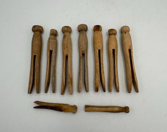 Lote vintage de 9 pinzas de ropa de madera - Pinzas de estilo antiguo para ropa, decoración rústica para lavandería y manualidades.