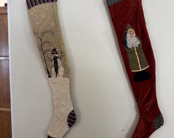 Vintage Set of 2 Extra Long Christmas Stockings -30" Santa Snowman Primitive Folk Art Rustic Decor