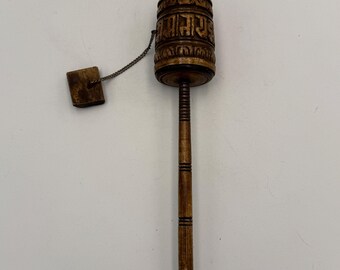 Vintage Wooden Tibetan Style Prayer Wheel Handheld Buddhist Mani Wheel Carved Look Prayer Mantra Spiritual Decor