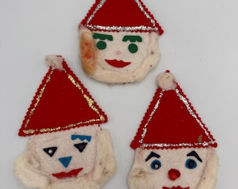 Vintage Set of 3 Felt Christmas Elf Face Ornaments - Handmade Kitsch Holiday Decor