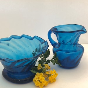 Vintage Cobalt Blue Swirl Hand Blown Glass Sugar & Creamer Set