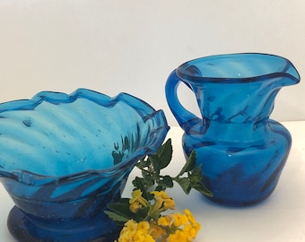 Vintage Cobalt Blue Swirl Hand Blown Glass Sugar & Creamer Set