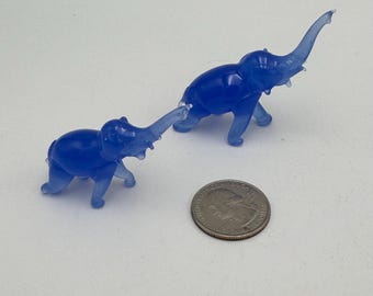 Vintage Pair of Elephants - Handblown Glass - Cerulean Blue - Set of 2 - Awesome Gift!