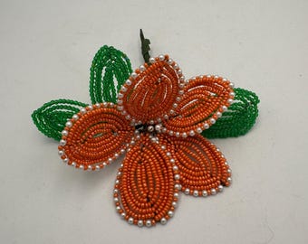 Vintage Beaded Flower Corsage Peachy Orange Seed Beads Pearl Accents Green Leaves Wire Floral Art