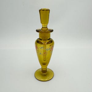 Vintage Glass Perfume Bottle - Golden Topaz Color - Hand Painted - Faceted Top with Dauber - 6&quot; Tall