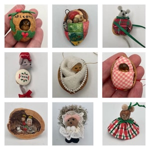 Vintageval av julgransprydnader - Valnötsskal och hasselnötter - Möss, Julkrubba, Vän, Uggla och mer!